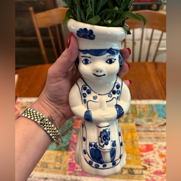 Vintage German Ceramic Vase Blue White Hand painted Mamsell With Rolling Pin - Picture 5 of 8